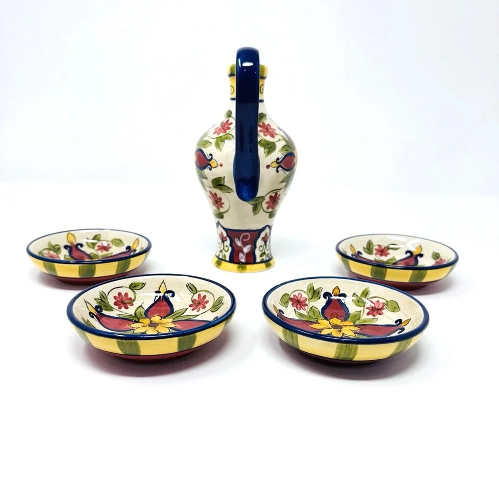Pier 1 Vallarta Hand Painted Earthenware Oil Cruet & 4 Dip Bowls Floral Colorful